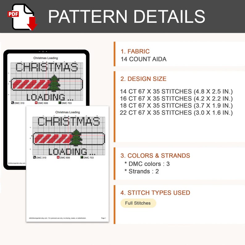 Pu&ograve; includere: Uno schema digitale a punto croce intitolato Christmas Loading con una barra di caricamento e un albero verde. I dettagli includono tela Aida 14 count, 3 colori DMC, 2 fili e punti pieni. Dimensioni da 12,2 x 6,4 cm a 7,6 x 4,1 cm.