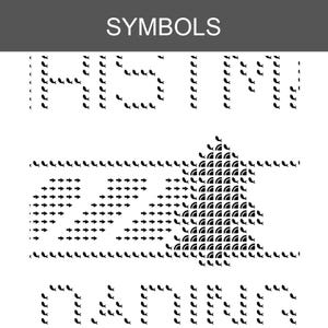 Pu&ograve; includere: Un design grafico in bianco e nero intitolato SYMBOLS con file di piccole icone di pesci che formano lettere e forme. La composizione include una forma centrale ad albero costruita con motivi di pesci e cerchi, affiancata da icone a freccia.