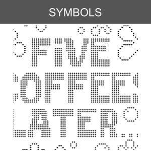 May include: A digital graphic design featuring the word SYMBOLS in a dark header bar, followed by the text FIVE COFFEE LATER composed of small black star icons. The design includes various decorative star and heart patterns arranged in lines.