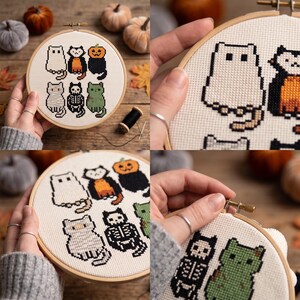 Puede incluir: Un bastidor de bordado redondo de madera que contiene un panel de tela blanca con un patr&oacute;n de punto de cruz de seis gatos con tem&aacute;tica de Halloween. Los dise&ntilde;os incluyen un gato fantasma, un gato vampiro, un gato calabaza, una momia y un zombi.