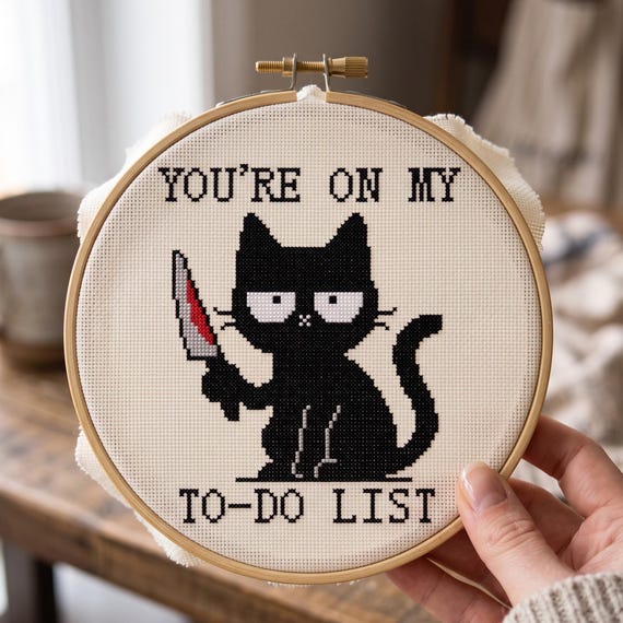 Funny Black Cat Cross Stitch Pattern, Knife Cat Embroidery Design (Instant Download)