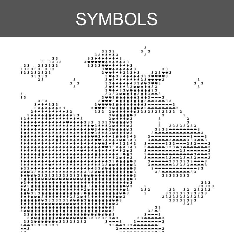 May include: A black and white pattern chart titled SYMBOLS, featuring a grid of numbers and symbols including hearts, spades, and clubs arranged to form a graphic design. The layout uses repeating characters to create a visual guide for crafting.