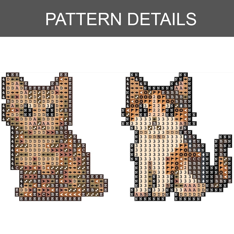 Puede incluir: Detalles del patr&oacute;n para un dise&ntilde;o de punto de cruz, con dos formas de gato estilizadas. Los patrones utilizan una cuadr&iacute;cula de cuadrados de colores, con letras y n&uacute;meros que indican la colocaci&oacute;n de las puntadas y los cambios de color. El texto "PATTERN DETAILS" est&aacute; en la parte superior.