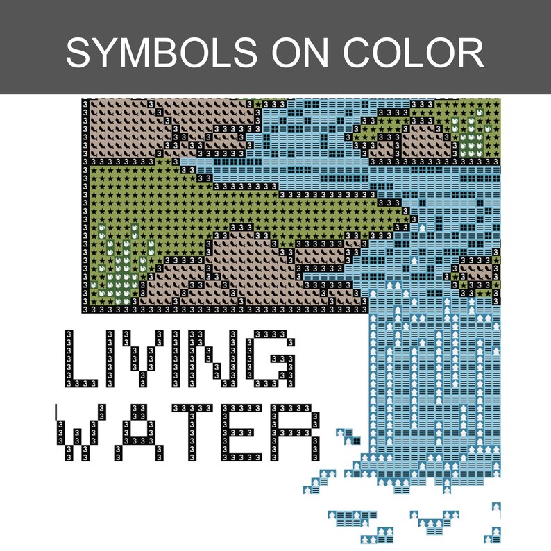K&ouml;nnte beinhalten: Ein Kreuzstichmuster mit dem Titel SYMBOLS ON COLOR und dem Text LIVING WATER. Das Design zeigt eine Landschaft mit einem Wasserfall, Felsen und Gr&uuml;nfl&auml;chen, dargestellt durch ein Raster aus farbigen Quadraten mit Zahlen und Symbolen.