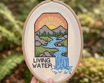 Living Water Waterfall Cross Stitch Pattern, Christian Mountain Landscape Needlepoint, Instant Download