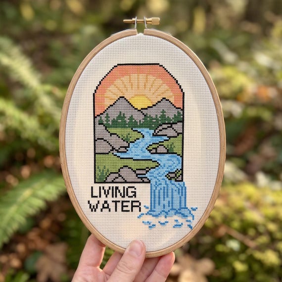 Living Water Waterfall Cross Stitch Pattern, Christian Mountain Landscape Needlepoint, Instant Download