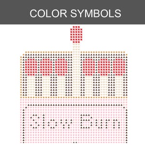 Puede incluir: Un patr&oacute;n de punto de cruz titulado COLOR SYMBOLS con un dise&ntilde;o de pastel pixelado. El nivel superior usa cruces rojas, tri&aacute;ngulos marrones y estrellas doradas. El nivel inferior es rosa claro con el texto SLOW DOWN formado por tri&aacute;ngulos marrones.