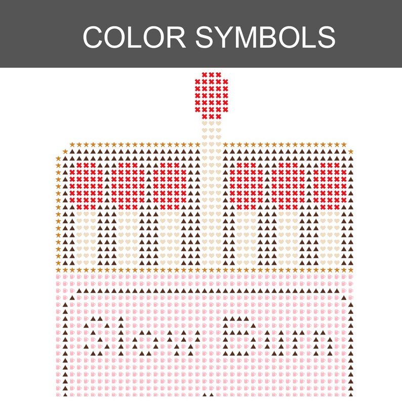 Puede incluir: Un patr&oacute;n de punto de cruz titulado COLOR SYMBOLS con un dise&ntilde;o de pastel pixelado. El nivel superior usa cruces rojas, tri&aacute;ngulos marrones y estrellas doradas. El nivel inferior es rosa claro con el texto SLOW DOWN formado por tri&aacute;ngulos marrones.