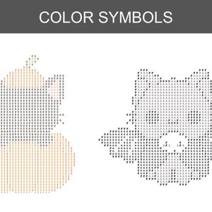 May include: A diamond painting color key chart featuring the text COLOR SYMBOLS at the top. The image displays two distinct patterns composed of alphanumeric characters, with the left side using numbers and the right side using letters and numbers.