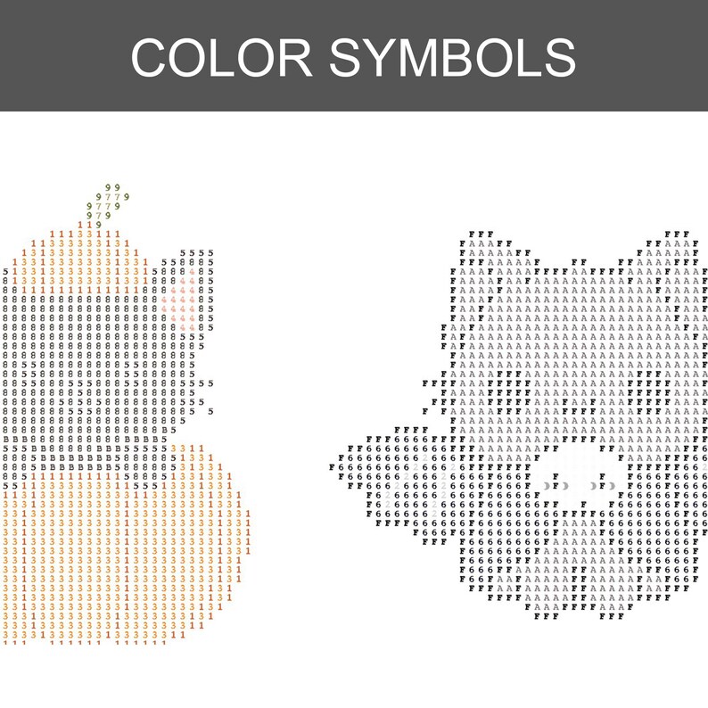 May include: A diamond painting color key chart featuring the text COLOR SYMBOLS at the top. The image displays two distinct patterns composed of alphanumeric characters, with the left side using numbers and the right side using letters and numbers.