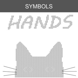 K&ouml;nnte beinhalten: Eine digitale Grafik mit dem Wort SYMBOLS in einer dunkelgrauen Kopfzeile. Darunter steht das Wort HANDS in einer verpixelten Schriftart. Darunter ist die Silhouette eines verpixelten Katzenkopfes mit drei d&uuml;nnen schwarzen Linien zu sehen.