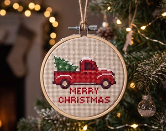 Red Truck Christmas Tree Cross Stitch Pattern, Merry Christmas Classic Vintage Truck Needlepoint, Instant Download