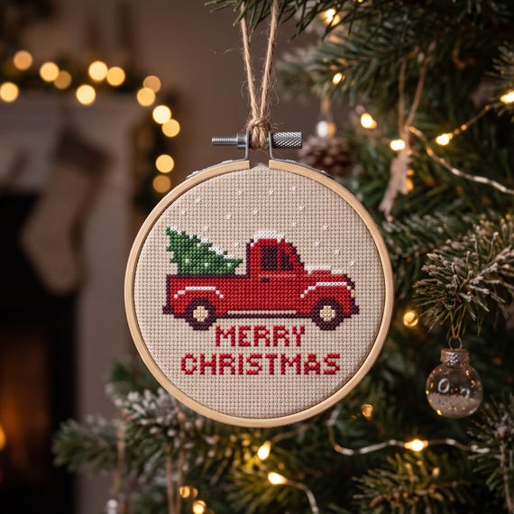Red Truck Christmas Tree Cross Stitch Pattern, Merry Christmas Classic Vintage Truck Needlepoint, Instant Download
