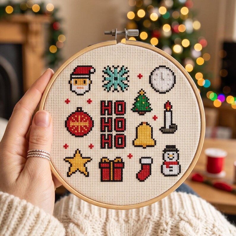 Op de afbeelding: Een ronde houten borduurring met cr&egrave;mekleurige stof met kruissteekontwerpen van een kerstmangezicht, sneeuwvlok, klok, kerstboom, kaars, bel, ster, cadeau, kerstsok, sneeuwpop en de rode tekst HO HO HO in het midden.