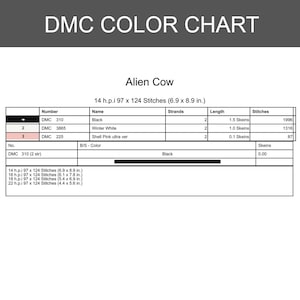 Pode incluir: Um gr&aacute;fico de cores DMC para o projeto de ponto cruz "Alien Cow". O gr&aacute;fico inclui n&uacute;meros de cores, nomes, fios, comprimentos e pontos. O gr&aacute;fico tem 17,5 x 22,6 cm e inclui as cores preto, branco de inverno e rosa concha ultra ver.