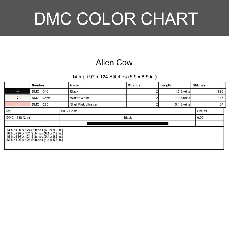 Pode incluir: Um gr&aacute;fico de cores DMC para o projeto de ponto cruz "Alien Cow". O gr&aacute;fico inclui n&uacute;meros de cores, nomes, fios, comprimentos e pontos. O gr&aacute;fico tem 17,5 x 22,6 cm e inclui as cores preto, branco de inverno e rosa concha ultra ver.
