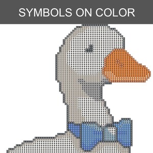 May include: A pixelated illustration of a goose, featuring a blue bow tie and an orange beak. The goose is constructed from a grid of symbols and numbers. The text "SYMBOLS ON COLOR" is displayed above. The background is white.