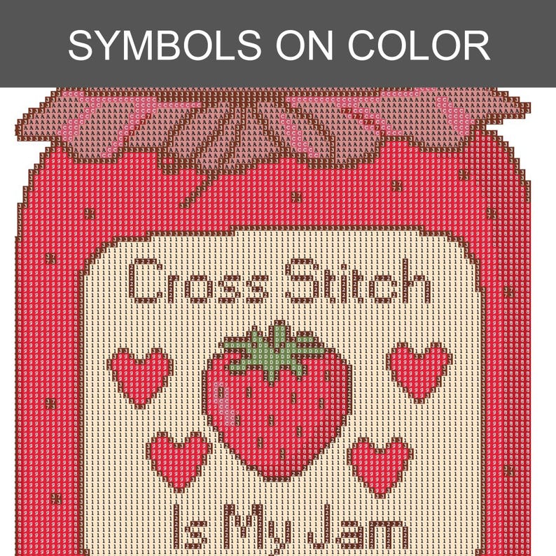 Peut inclure: Un diagramme de point de croix repr&eacute;sentant un pot de confiture de fraises. Le motif comprend une fraise centrale, quatre petits c&oelig;urs et le texte "Cross Stitch Is My Jam" sur une &eacute;tiquette cr&egrave;me sur un fond rouge vif.