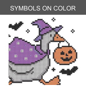 May include: A diamond painting pattern titled SYMBOLS ON COLOR featuring a white goose wearing a purple witch hat and carrying an orange jack-o'-lantern bucket. The design includes black bat silhouettes and small star shapes on a white grid background.