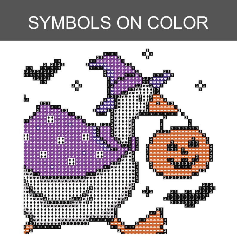 May include: A diamond painting pattern titled SYMBOLS ON COLOR featuring a white goose wearing a purple witch hat and carrying an orange jack-o'-lantern bucket. The design includes black bat silhouettes and small star shapes on a white grid background.
