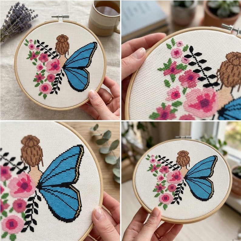 Peut inclure: Un projet de broderie au point de croix dans un tambour en bois rond repr&eacute;sentant une personne avec un chignon brun, une grande aile de papillon bleue et un bouquet de fleurs roses avec des tiges feuillues noires sur un tissu blanc.