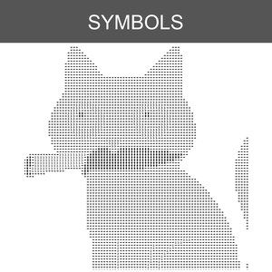 May include: A black and white graphic design featuring the word SYMBOLS at the top. Below the text is a stylised cat illustration composed entirely of small arrows and numbers, depicting the head, body, and tail of a cat in a grid-like pattern.