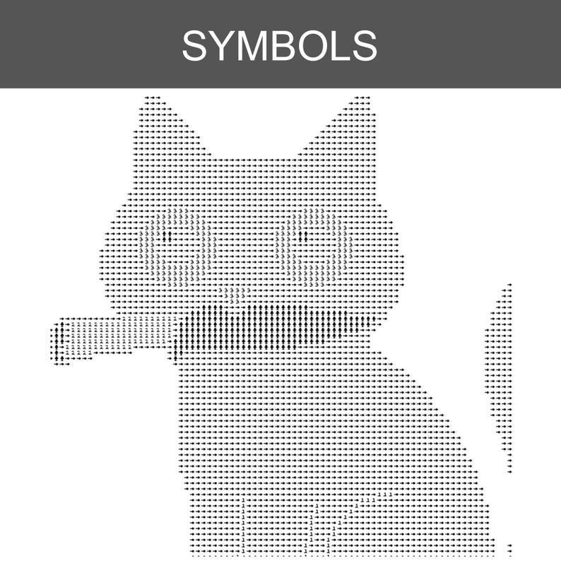 May include: A black and white graphic design featuring the word SYMBOLS at the top. Below the text is a stylised cat illustration composed entirely of small arrows and numbers, depicting the head, body, and tail of a cat in a grid-like pattern.
