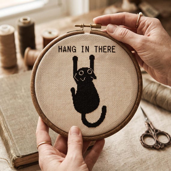 Hang In There Cross Stitch Pattern | Funny Black Cat Pattern | Instant Download PDF