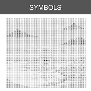 May include: A black and white diamond painting pattern chart labelled SYMBOLS at the top. The grid displays a landscape scene with clouds and hills composed of repeating numbers and letters that serve as a guide for placing coloured beads.