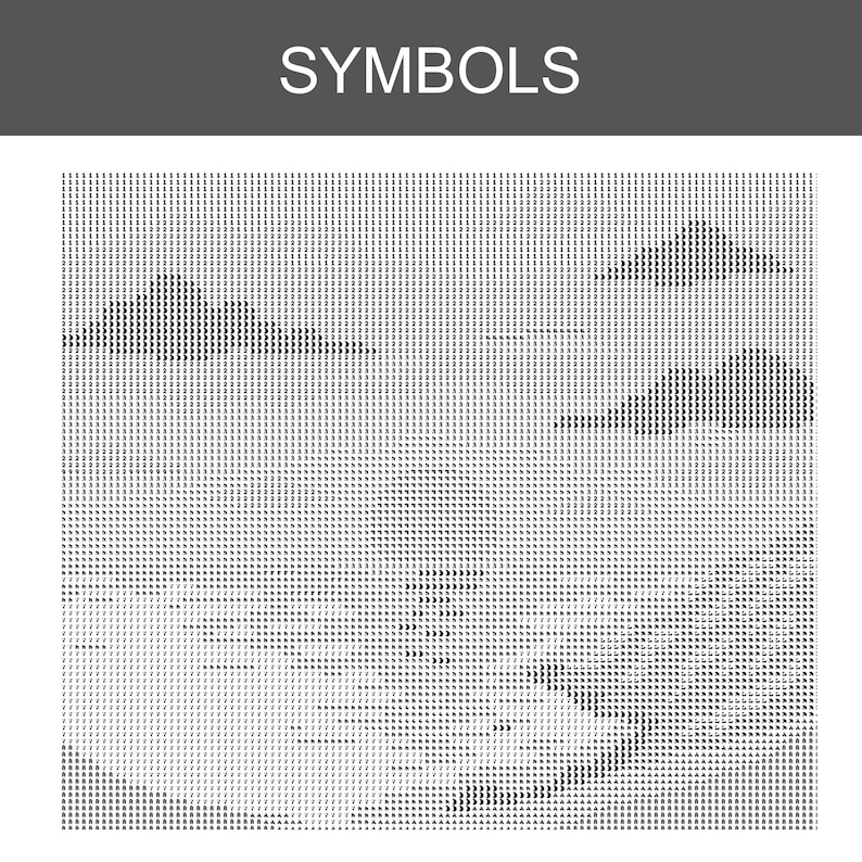 May include: A black and white diamond painting pattern chart labelled SYMBOLS at the top. The grid displays a landscape scene with clouds and hills composed of repeating numbers and letters that serve as a guide for placing coloured beads.