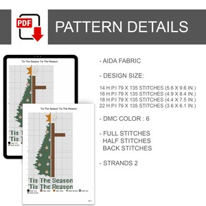 K&ouml;nnte beinhalten: Ein digitales Kreuzstichmuster mit dem Text "'Tis The Season Tis The Reason", der auf einem Tablet und einem gedruckten Blatt angezeigt wird. Das Design zeigt einen Weihnachtsbaum und ein Kreuz. Enth&auml;lt Details zu Aida-Gewebe, Designgr&ouml;&szlig;e, DMC-Farbe und Stichen.