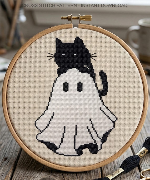 Black Cat and Ghost Cross Stitch Pattern | Spooky Needlework | Instant Download PDF