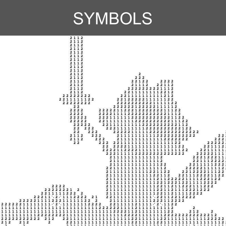 May include: A black and white pattern chart labeled SYMBOLS at the top, featuring a grid of numbers 1 and 2 arranged to form the silhouette of a character holding a sword. The design uses numerical codes to represent specific colors or stitches.
