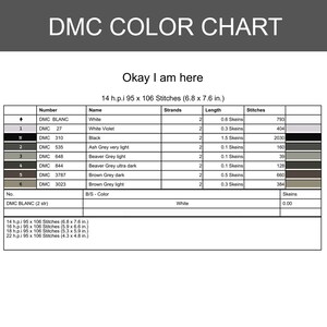 Puede incluir: Una tabla de colores DMC con el texto "DMC COLOR CHART" en la parte superior. La tabla incluye nombres de colores, n&uacute;meros y recuentos de puntadas. Tambi&eacute;n est&aacute; presente el texto "Okay I am here". La tabla mide 17.3 x 19.3 cm.