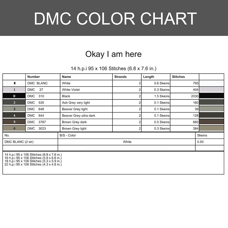 Puede incluir: Una tabla de colores DMC con el texto "DMC COLOR CHART" en la parte superior. La tabla incluye nombres de colores, n&uacute;meros y recuentos de puntadas. Tambi&eacute;n est&aacute; presente el texto "Okay I am here". La tabla mide 17.3 x 19.3 cm.