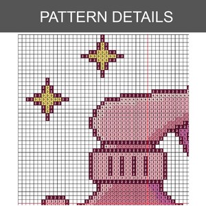 Peut inclure: Un diagramme de point de croix avec le texte "PATTERN DETAILS" en haut. Le diagramme pr&eacute;sente une grille avec des chiffres et des symboles, indiquant la couleur et le placement des points pour un projet artisanal. La palette de couleurs comprend des nuances de rose, de violet et de jaune.