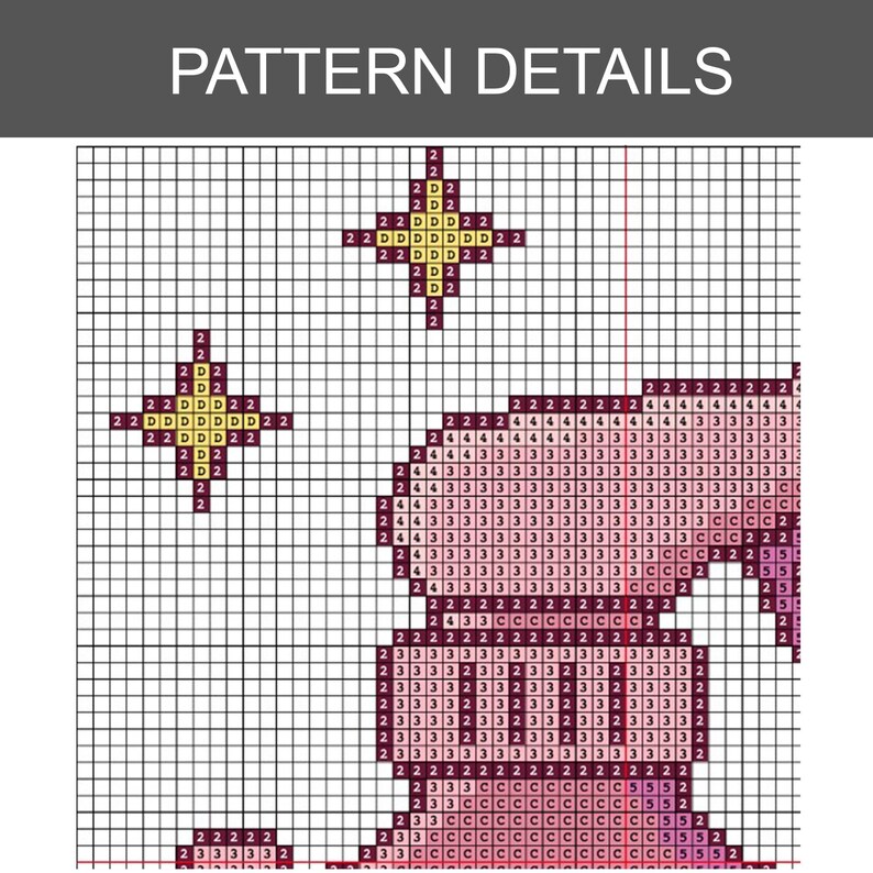 Peut inclure: Un diagramme de point de croix avec le texte "PATTERN DETAILS" en haut. Le diagramme pr&eacute;sente une grille avec des chiffres et des symboles, indiquant la couleur et le placement des points pour un projet artisanal. La palette de couleurs comprend des nuances de rose, de violet et de jaune.