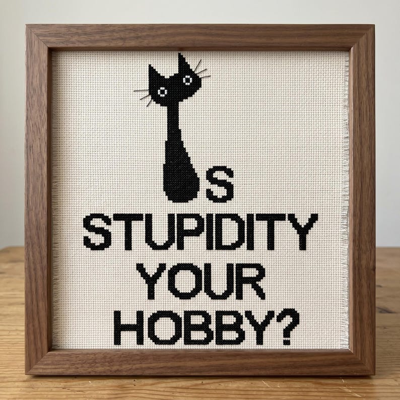 Pu&ograve; includere: Un ricamo a punto croce quadrato in una cornice di legno scuro che presenta la sagoma di un gatto nero sopra il testo nero che recita: IS STUPIDITY YOUR HOBBY? Il disegno &egrave; ricamato su un tessuto beige chiaro con trama visibile e bordi sfilacciati.