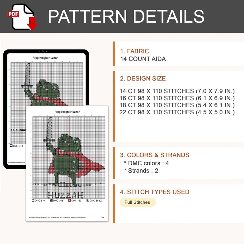 May include: A digital cross-stitch pattern titled Frog Knight Huzzah, featuring a green frog in a red cape holding a sword. The document lists 14-count Aida fabric, design sizes from 17.8 x 20.1 cm to 11.4 x 12.7 cm, 4 DMC colours, and 2 strands.