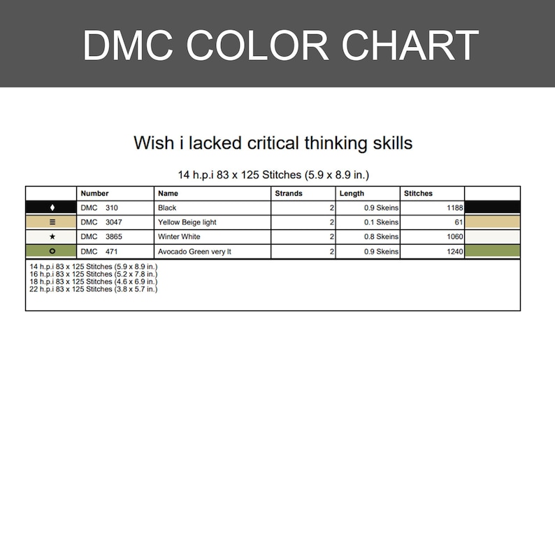 May include: A DMC colour chart featuring the text Wish i lacked critical thinking skills. The table lists thread numbers 310, 3047, 3865, and 471 with corresponding colours, strand counts, lengths in skeins, and stitch counts for 14 h.p.i 83 x 125 stitches.