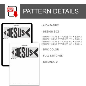 Puede incluir: Un documento de patr&oacute;n de punto de cruz titulado Ichthys Fish, que presenta un dise&ntilde;o negro en forma de pez con la palabra JESUS en su interior. El texto enumera tela Aida, tama&ntilde;os en pulgadas para 14, 16, 18 y 22 H.P.I, un color DMC, puntos completos y 2 hebras.