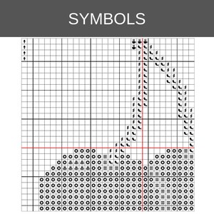 May include: A cross stitch pattern chart labelled SYMBOLS at the top, featuring a black and white grid with various icons including stars, horizontal lines, coffee cups, and fish shapes arranged to form a specific design on the graph paper.