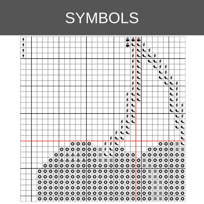 May include: A cross stitch pattern chart labelled SYMBOLS at the top, featuring a black and white grid with various icons including stars, horizontal lines, coffee cups, and fish shapes arranged to form a specific design on the graph paper.
