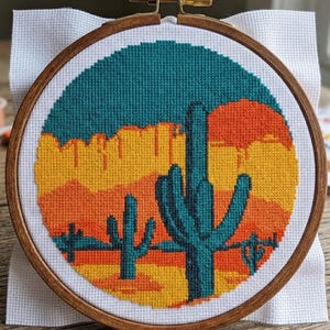 Desert Cactus Cross Stitch Pattern, Retro Sunset Landscape Embroidery, Southwest Art, PDF Digital Download image 1