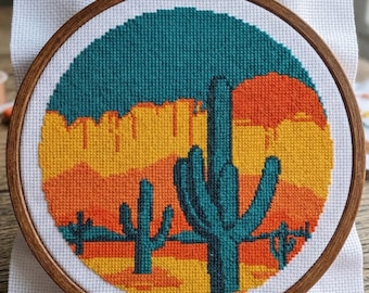 Desert Cactus Cross Stitch Pattern, Retro Sunset Landscape Embroidery, Southwest Art, PDF Digital Download