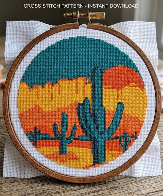 Desert Cactus Cross Stitch Pattern, Retro Sunset Landscape Embroidery, Southwest Art, PDF Digital Download