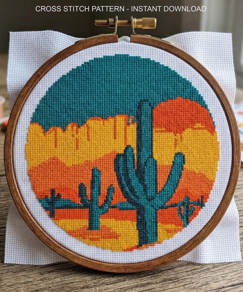 Desert Cactus Cross Stitch Pattern, Retro Sunset Landscape Embroidery, Southwest Art, PDF Digital Download image 1
