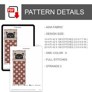 Pode incluir: Uma p&aacute;gina de detalhes de padr&atilde;o digital com o t&iacute;tulo "PATTERN DETAILS". A p&aacute;gina inclui um design de marcador de gato, com um rosto de gato preto em uma almofada. O tamanho do design &eacute; 7,6 x 19,6 cm, 6,6 x 17,3 cm, 5,8 x 15,2 cm e 4,8 x 12,4 cm.