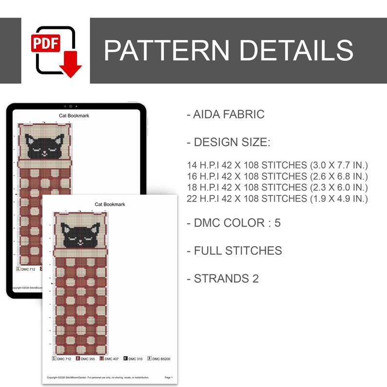 Pode incluir: Uma p&aacute;gina de detalhes de padr&atilde;o digital com o t&iacute;tulo "PATTERN DETAILS". A p&aacute;gina inclui um design de marcador de gato, com um rosto de gato preto em uma almofada. O tamanho do design &eacute; 7,6 x 19,6 cm, 6,6 x 17,3 cm, 5,8 x 15,2 cm e 4,8 x 12,4 cm.