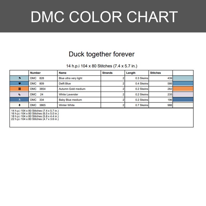 Puede incluir: Una tabla de colores DMC titulada Duck together forever, que presenta una tabla con n&uacute;meros de hilo, nombres, n&uacute;mero de hebras, longitudes en madejas y conteo de puntadas. Enumera dimensiones para 14, 16, 18 y 22 h.p.i. en cm.
